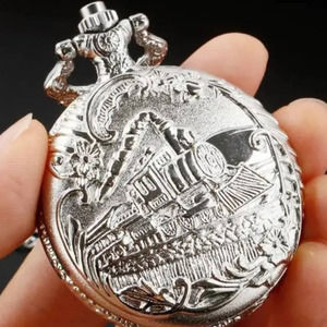 Steampunk Silver Train Railroad Pocket Watch Western Vintage Silvery Metal - NEW